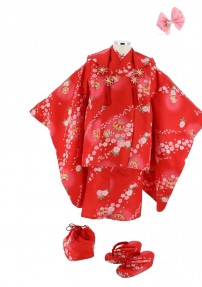 七五三 3歳女の子用被布[シンプルかわいい](被布・着物)赤地・毬に小さな梅と桜No.32H